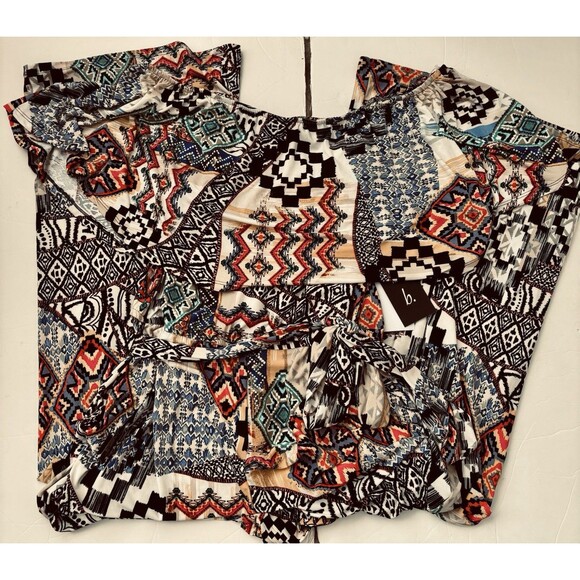 VIOLET B WOMEN'S PLUS SIZE 1X, 2X, OFF SHOULDER AZTEC JUMPSUIT KNIT POCKETS - Picture 6 of 6